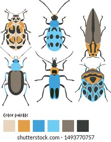 Funny bug collection. Vector image for toddler kids. Beetle set. For fashion design, poster, card, web, print with insects. Colorful cartoon style illustration. Elements are isolated.