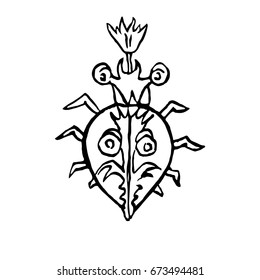 Funny bug, hand drawn doodle black and white sketch in pop art style, vector illustration, top view