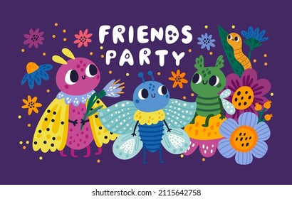 Funny Bug Poster. Farbige Insektenmannschaft mit Frühlingsblumen. Nördliche Motten und Regenwurm. Küchenpfeiler oder Schmetterling. Tiercharaktere mit glücklichen Gesichtern. Friends Party