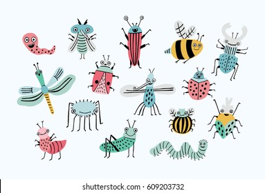 Funny Bug Set. Collection Happy Cartoon Insects. Colorful Hand Drawn Illustration.
