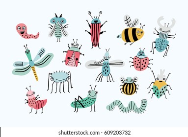 Funny bug set. Collection happy cartoon insects. Colorful hand drawn illustration.