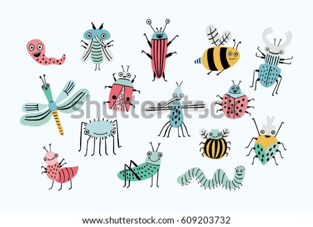 Funny bug set. Collection happy cartoon insects. Colorful hand drawn illustration.