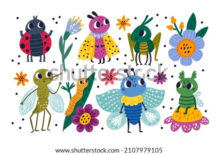 Funny bugs. Colorful insects characters. Nature creations. Cute beetles. Grasshopper and ladybug. Caterpillar on leaf. Butterfly and mosquito. Midge on flower. Vector