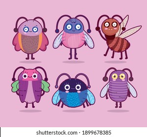 funny bugs creature animals cartoon set on pink background vector illustration