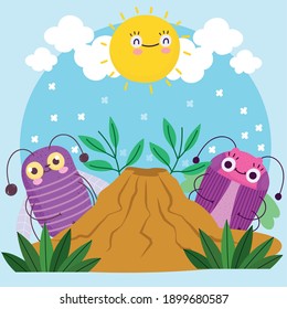 funny bugs creature little animals with anthill cartoon vector illustration