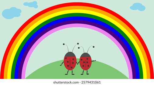 Funny bugs holding hands and looking at the rainbow.