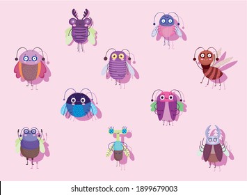 funny Bugs insect animal with wings cartoon icons set vector illustration