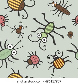 Funny bugs and insects vector. Children seamless texture, background, fabric, textile