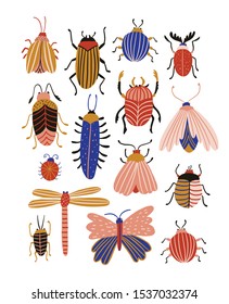 Funny bugs isolated on the white background. Poster with Cute insects. Vector illustration. 