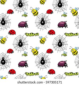 Funny bugs. Vector cute bugs and insects . Pattern with bee, caterpillar, spider, fly, beetle and ladybird.
