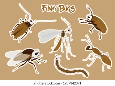 divertidos fallos en la ilustración vectorial. Mosquito, mosca, cucaracha, emmet, hormiga, pismire, ciempiés, pegatinas de escarabajo. Educación científica infantil. Cómic de dibujos animados con dibujos animados. Dibujo de la mosca doméstica