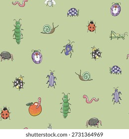 Funny bugs, warms and snail with caterpillar vector hand drawn seamless pattern.