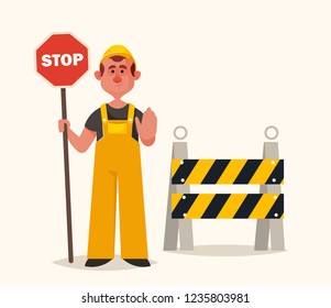 Funny Builder Holding Stop Sign. Cartoon Style. Vector Illustration