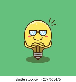 Funny Bulb Character Wearing Glasses With Sloppy Style. Vector Illustration Of Bulb With Cartoon Style. Suitable For Stickers, Web Landing Pages, Pamphlets, Mascots, Icons, Stationery And More.