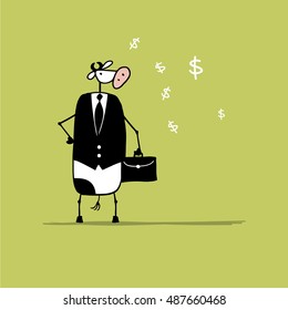 Funny bull businessman with suitcase, sketch