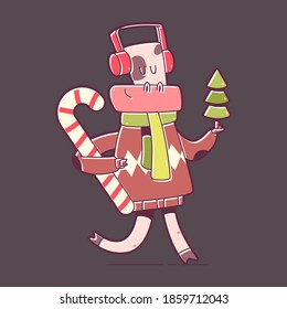 Funny bull with Christmas tree and candy cane vector cartoon character isolated on background.