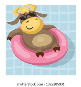 Funny bull or cow in sunglasses, symbol of the new year 2021,relaxing in the pool on the swim ring. Vector cartoon illustration or postcard.