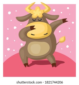 Funny bull or cow, symbol of the new year 2021, in dub dance poses. Vector cartoon illustration or postcard.
