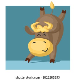 Funny bull or cow, symbol of the new year 2021,standing upside down. Vector cartoon illustration or postcard.