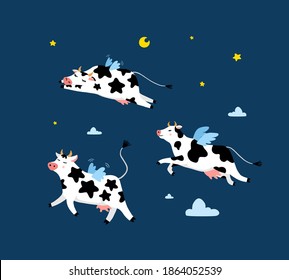 Funny bull or cow, symbol of the new year 2021, flying in the clouds and stars. Vector cartoon illustration or postcard.