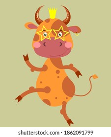 Funny bull with crown and glasses . Vector illustration for greeting card, print, poster and invitation.