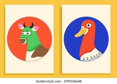 Funny bull and duck or cow wearing balaclava ski masks. Hipster ox and goose dressed as robbers with colourful thief masks. Isolated print for T-shirt, poster, mug, and for cricut.