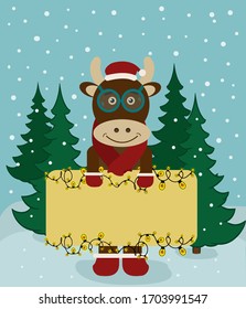 Funny bull in glasses holds a banner in the background of Christmas trees and snow. Happy New Year 2021 bull. Christmas banners, flyer, brochure for the store. Hand-drawing in cartoon style.