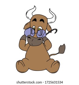 Funny bull with glasses .Sticker, vector children's design for banners, postcards and social networks.