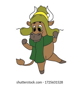Funny bull in a green hat and scarf .Sticker, vector children's design for banners, postcards and social networks.