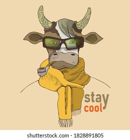 Funny bull in a hipster glasses and in a yellow scarf . Humor card, t-shirt composition, hand drawn style print. Vector illustration.