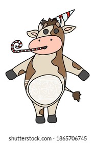 funny bull humorist with birthday hat. vector doodle illustration