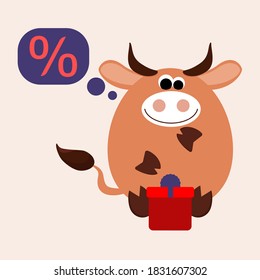 Funny bull icon for New Years sale goods or calendar design.