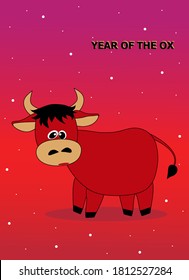Funny bull isolated on gradient red background with snowflakes. Chinese zodiac sign Year of Bull, symbol of 2021. Template for holiday banner, New Year/Christmas cards, postcard, banner.
