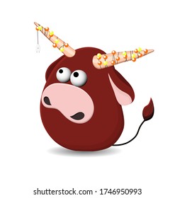 Un Toro Gracioso Aislado En Un Fondo Blanco. 2021 AÑO del toro. Búfalo, la vaca. Tarjeta de Año Nuevo. Garland es festivo. personaje con cuernos. Feliz Año Nuevo