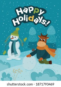 Funny bull makes a snowman. Christmas and New year banner for your design. Vector Christmas card. The bull is a symbol of the new year 2021.