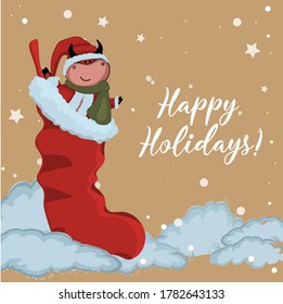 Funny bull postcard. Cow in a hat. The ox is white. Happy Holidays.