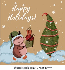 Funny bull postcard. Cow in a hat. The ox is white. Happy Holidays.