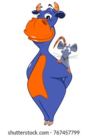 Funny bull with a rat on his shoulder, vector illustration