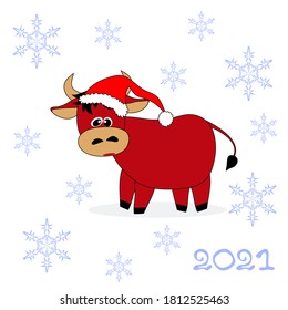 Funny bull in Santa hat isolated on white background with snowflakes. Chinese zodiac sign Year of Bull, symbol of 2021. Template for holiday banner, postcard, Year/Christmas design.