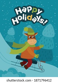 Funny bull sledding from a snowy mountain. Christmas and New year banner for your design. Vector Christmas card.