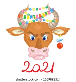 A funny bull - a symbol of the New Year with lights and checkboxes . Greeting card for 2021. In cartoon style. Isolated on white background. Vector flat illustration.