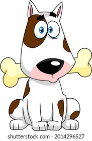 Funny Bull Terrier Dog Cartoon Character With A Bone In His Mouth. Vector Hand Drawn Illustration Isolated On Transparent Background