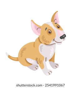 Engraçado touro terrier cachorro manchado e branco cor. Em estilo cartoon. Isolado no fundo branco. Ilustração plana vetorial.