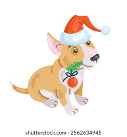 Funny bull terrier puppy in Santa's hat and with red glass ball. In cartoon style. Isolated on white background. Vector flat illustration.