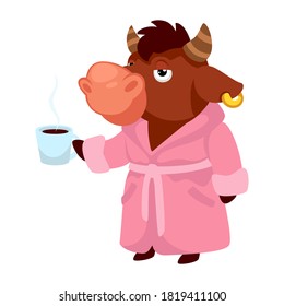 Funny bull wearing pink robe and holding cup of coffee or tea. Animal character in mornings, sleepy personage. Mascot or sticker of 2021 symbol. Portrait of zodiac creature. Vector in flat style