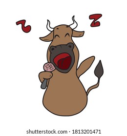 Funny bull-a symbol of the New year sings a song, holding a microphone.Vector children's design on a white isolated background, for banners and postcards, sticker