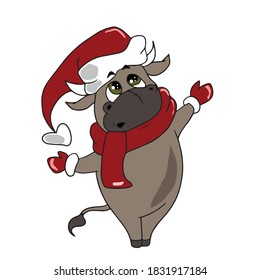 Funny bull-a symbol of the New year.Vector children's design on a white isolated background, for banners and postcards, sticker