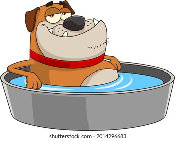 Funny Bulldog Cartoon Character Bathing In A Tub Water. Vector Hand Drawn Illustration Isolated On Transparent Background