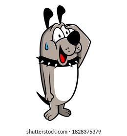 Funny bulldog cartoon character wearing collar and panicking while smiling. It is saluting when listening to a dog whistle. Best for dog training product, service, and school.