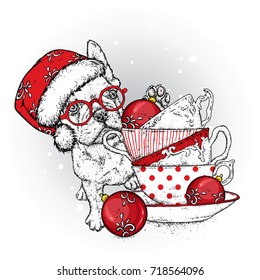 A funny bulldog with glasses and a hat, with vintage cups and Christmas balls. New Year's and Christmas. Vector illustration for a holiday greeting card or poster. Pedigree dog. Puppy.